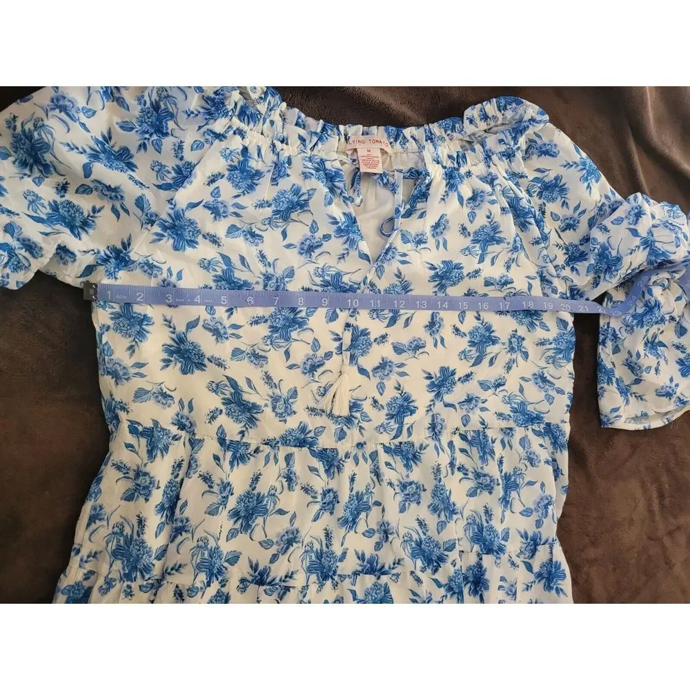 Flying Tomato Womens White Blue Floral Long Sleeve Fit & Flare Dress Size M Love